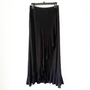 Cynthia Rowley Maxi Skirt Black Faux Wrap Ruffle Elastic Waist Soft Size Small